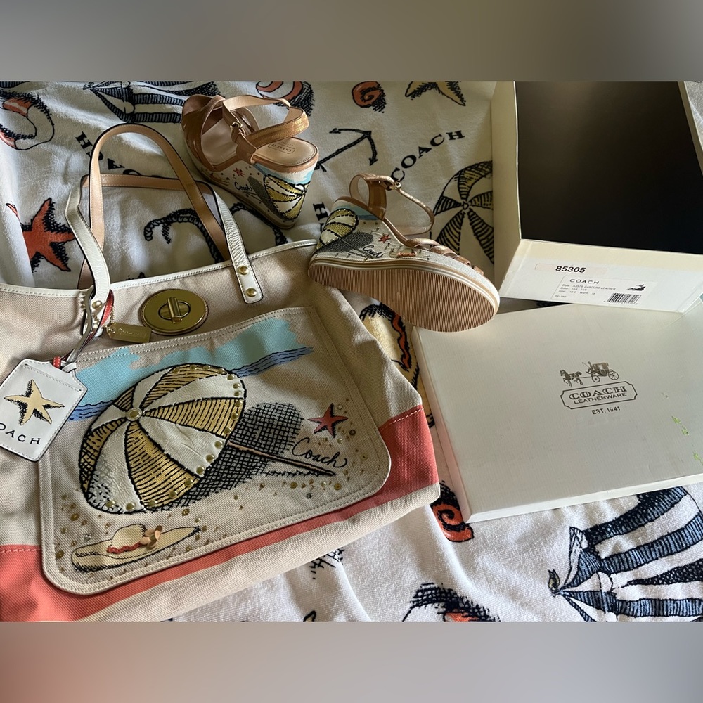Full set RARE Coach Summer bag, towel, and wedge shoes